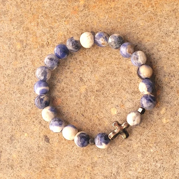 Agate Stone Bead Cross Prayer Bracelet - Picture 2 of 4